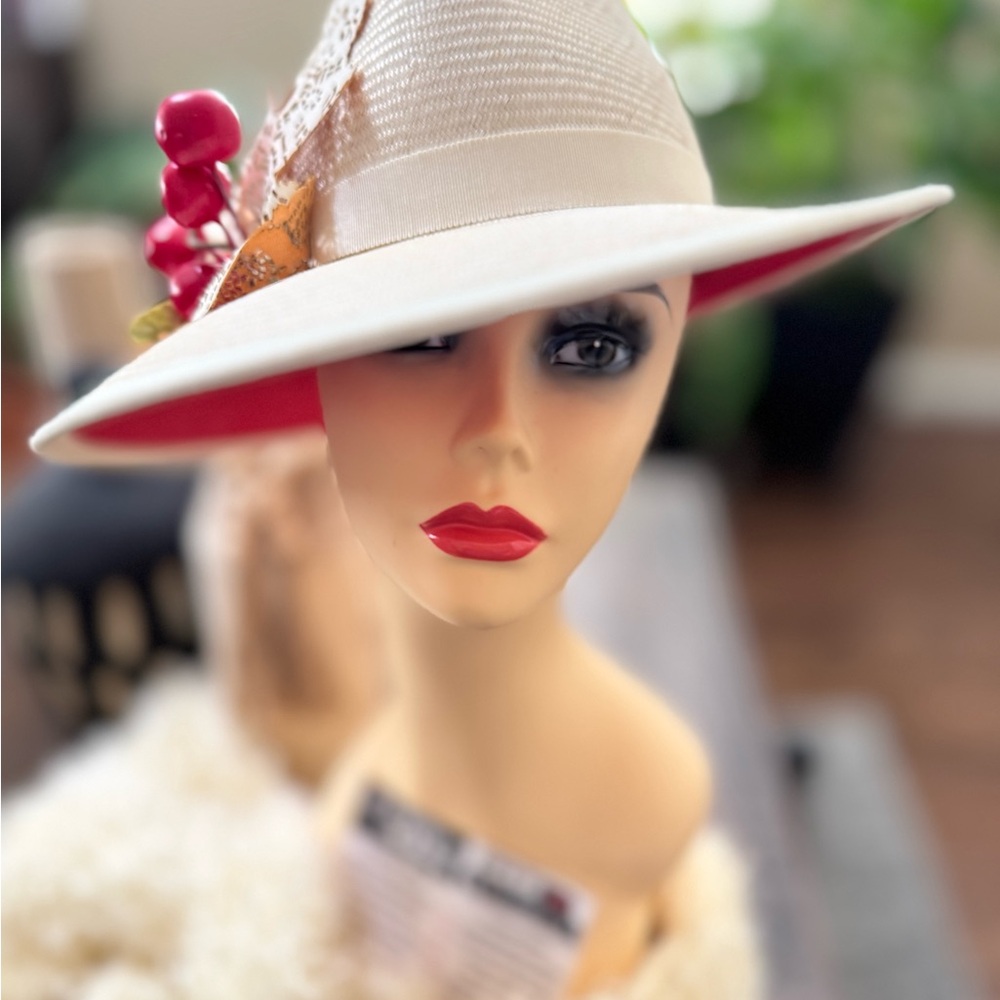 EUC Louise Green cream fedora cherry straw hat - Picture 3 of 16
